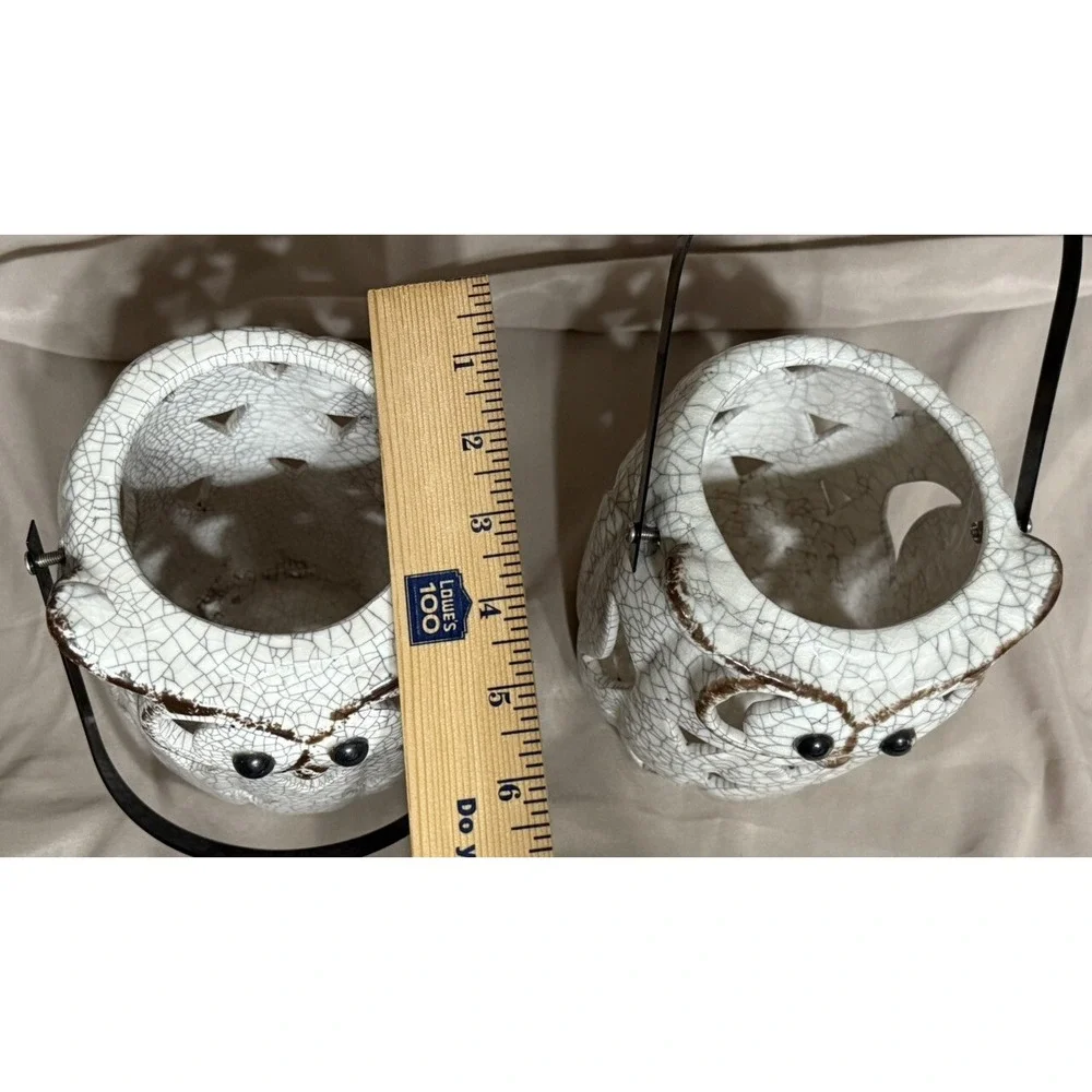 Pair Of Large Ceramic Owl Tealight With Metal‎ Handle